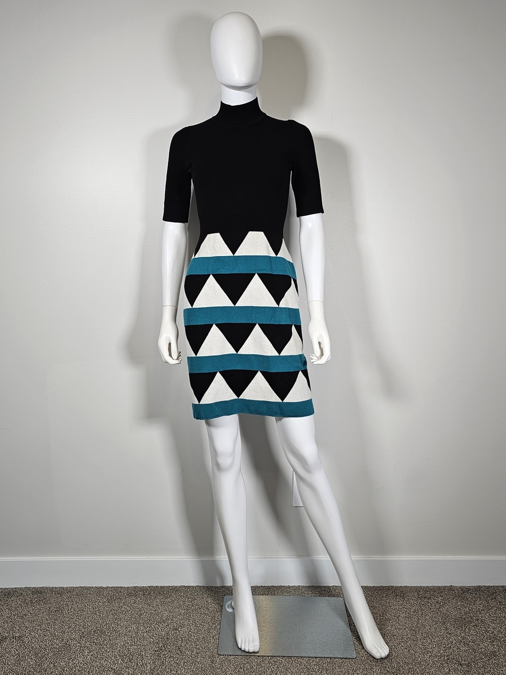 Milly Black Stretchy Mini Dress with Teal and White Geometric Skirt Sz P 2